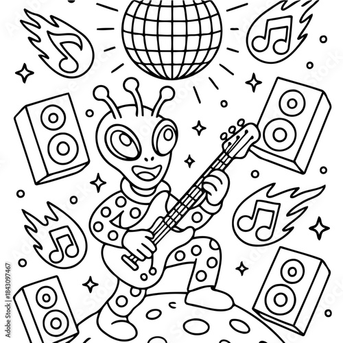 Cosmic Concert: A fun, illustrated scene of an extraterrestrial musician rocking out with a guitar on a celestial stage, with a disco ball and music notes and speaker.