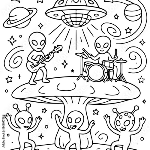 Alien Band's Cosmic Jam: A playful illustration depicts a lively alien band performing under a UFO disco ball in space, surrounded by celestial elements, creating a whimsical and imaginative scene.