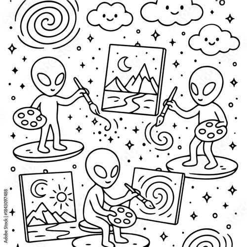 Creative Alien Artist Painting: A whimsical scene unfolds as cheerful aliens engage in artistic expression, painting celestial landscapes with delight, embracing the joy of creativity.