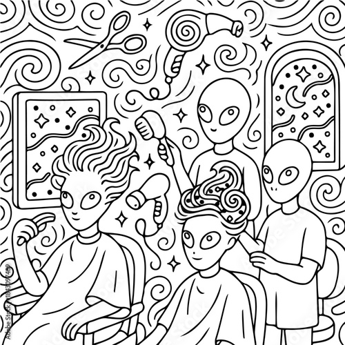 Extraterrestrial Hair Salon: An illustrated scene showcases whimsical aliens in a hairstyling environment, complete with shears and hair dryers.