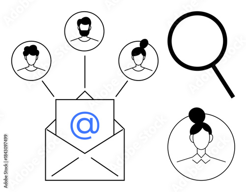 Open envelope with an email symbol linked to people icons and a magnifying glass. Ideal for communication, collaboration, networking, search, audience targeting, human resources, and digital