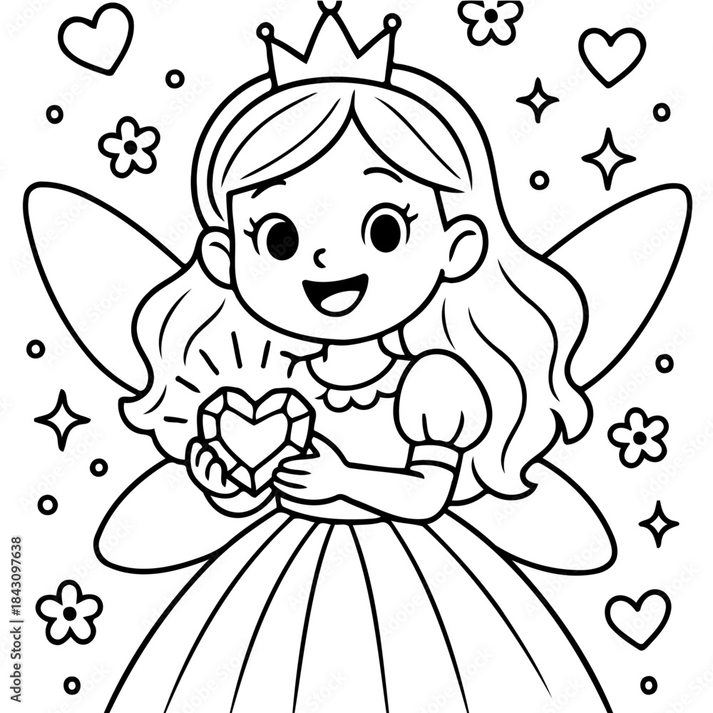 Obraz premium Little Princess with Sparkling Gem: A charming little princess, radiant with joy, holds a sparkling heart-shaped gem, adorned with a crown and wings, surrounded by hearts and flowers. 