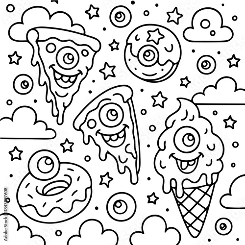 Whimsical Food Fun: A playful cartoon depicts pizza, donut, and ice cream with mischievous eyes, stars, and clouds creating a world of food fantasy. 