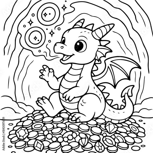 Enchanting Dragon's Treasure: A delightful illustration of a young dragon, contentedly seated atop a glittering pile of jewels within a mystical cave, a story of fantasy and magic.