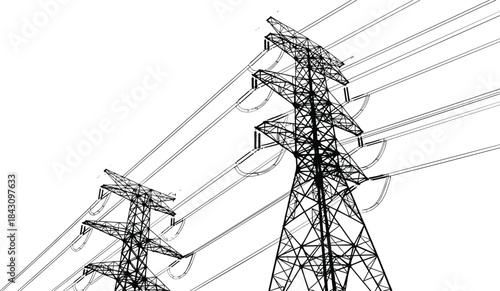 Electricity transmission towers, power pylons silhouette, steel lattice structure, energy grid, high voltage lines, industrial design, infrastructure art, engineering sketch, utility concept