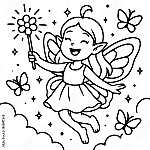 Whimsical Fairy in Flight: A charming line art illustration depicts a smiling fairy, gracefully soaring amidst stars and butterflies with a magic wand in hand. Capturing imagination, happiness.