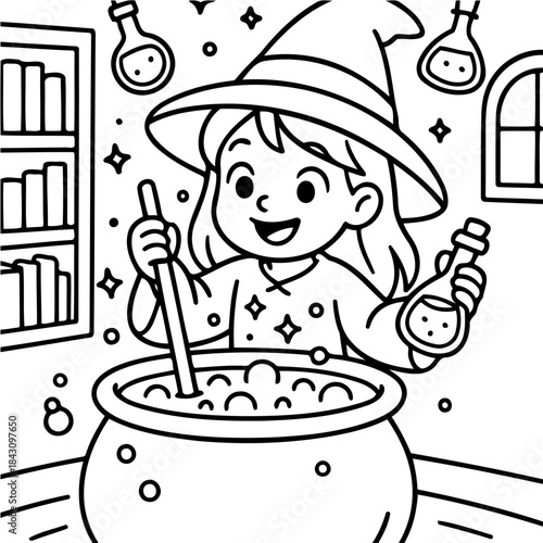 Mystical Brew: A young witch with a cheerful smile stirring a bubbling cauldron, enchanting the potion. Enchanting illustration of fantasy and magic.