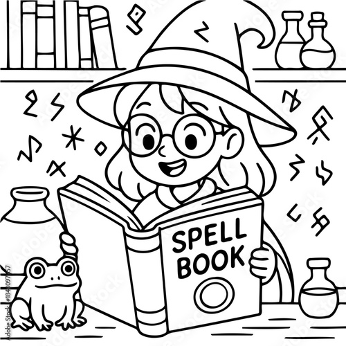 Reading Spell Book: A young witch with spectacles, a pointed hat, and a spell book, studying magic while surrounded by potions, a bookshelf, a frog, and magical runes.