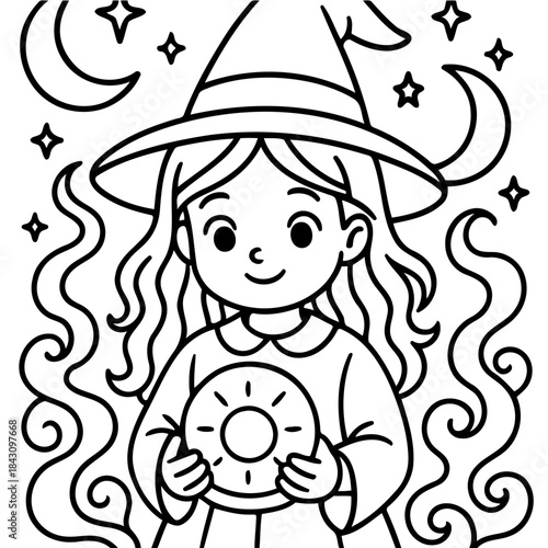 Mystical Witch Illustration: A charming illustration depicts a witch girl surrounded by celestial elements, casting a spell with enchanting aura.