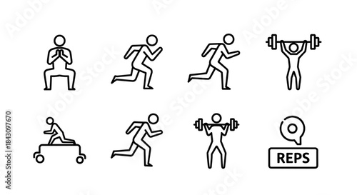 Set of exercise icons depicting various workout routines and repetitions.