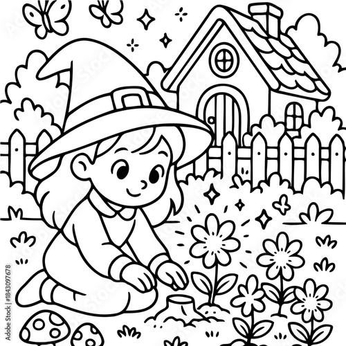 Magical Gardener's Tale: A young, enchanting figure in a pointed hat lovingly tends to a vibrant garden, her eyes sparkling with magic as butterflies dance freely.