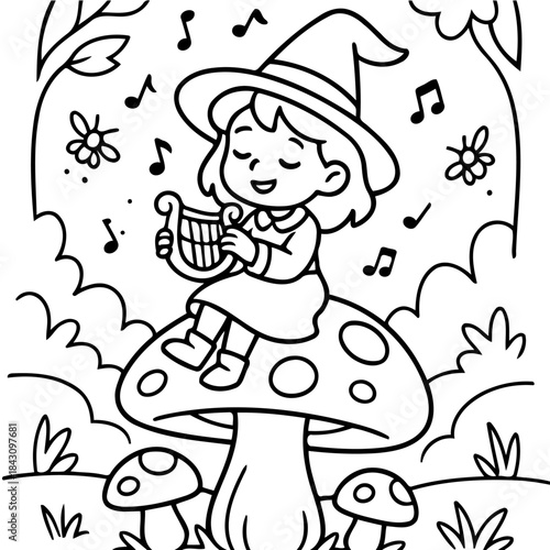 Enchanting Melody: A whimsical illustration depicts a young witch serenading the forest with a sweet tune from a harp. The girl, perched upon a mushroom.