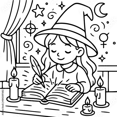 Enchanting Witch's Study: A young witch engrossed in crafting spells, surrounded by mystical symbols and candlelight, in a room with a window overlooking the night sky.