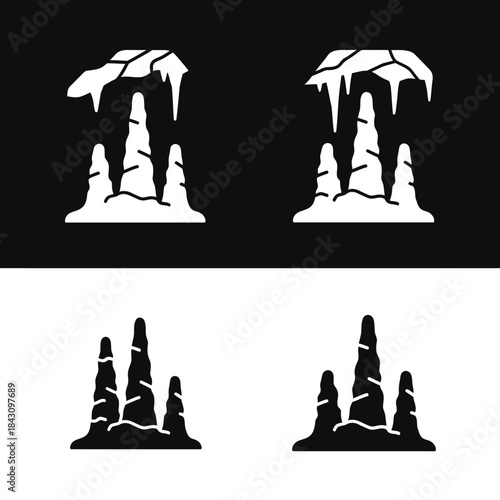 Set of four black and white glyph icons depicting geological cave formations with stalactites and stalagmites.