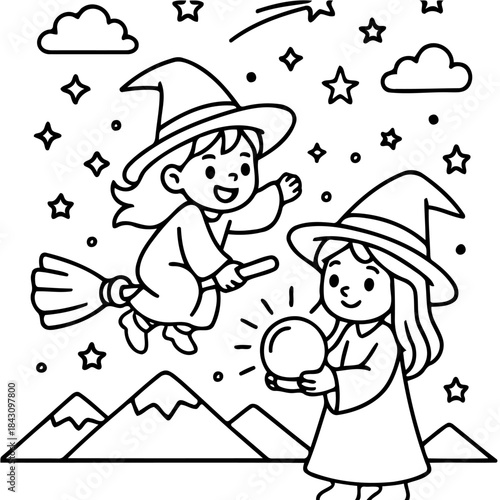 Magical Halloween Witch Illustration: Two cute witches are conjuring up some spells in a magical Halloween themed illustration, featuring a witch on broom. 