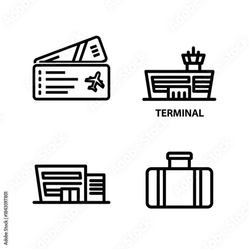 Set of four minimalist black outline line art icons depicting airport travel elements - tickets, terminal, and luggage.