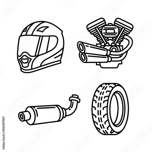 Set of four motorcycle parts line art icons - a full-face helmet, V-twin engine, exhaust muffler, and tire.