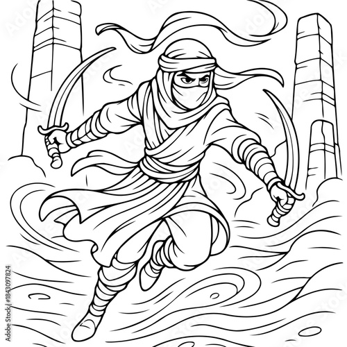 Desert Assassin: A stylized illustration of a desert assassin, cloaked in flowing robes and wielding dual swords, ready for action. The scene evokes a sense of stealth, mystery, and ancient combat.