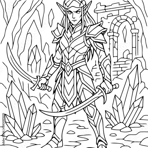 Elven Warrior in Dungeon: A stoic elven warrior stands poised amidst a mystical dungeon setting, wielding twin swords and exuding an aura of courage and determination.