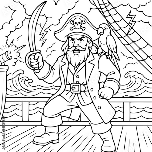 Pirate Captain on Ship: A bold pirate captain stands defiantly on the deck of his ship, brandishing a sword, a loyal parrot perched on his shoulder, and the turbulent sea as his backdrop.