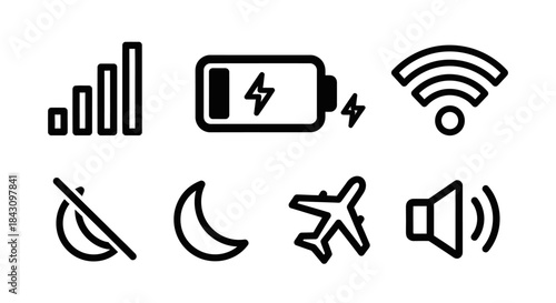 Set of Mobile Phone Status Icons - Signal, Battery, WiFi, Mute, Night Mode, Airplane, Volume.