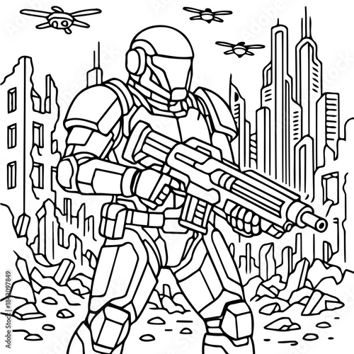 Cyber Soldier Amidst Ruins: A futuristic cyber soldier stands firm amidst the ruins of a war-torn city, a symbol of resilience in the face of conflict and technological innovation.