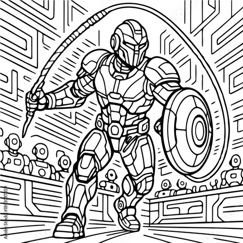 Cybernetic Sentinel: A futuristic warrior strides assertively forward, a symbol of power, armed with a technological whip and shield.