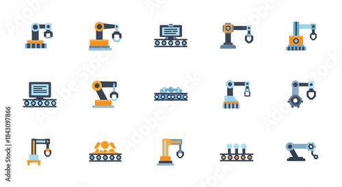 Set of Robotic Arm Icons for Industrial Automation and Manufacturing.