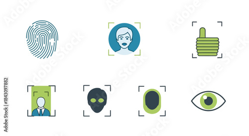 Set of six colorful identification icons - fingerprint, face, thumb up, person, alien, eye.