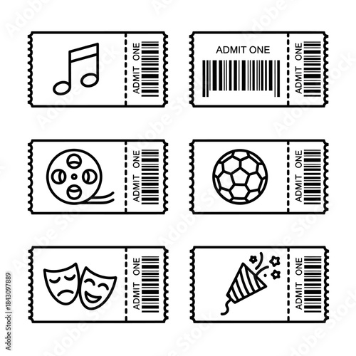 Set of six black outline event tickets featuring music, film, sports, and theater icons with perforated edges.
