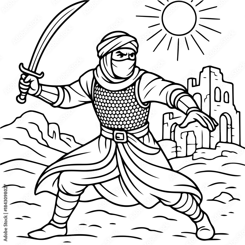 Obraz premium Warrior of the Sands: A steadfast warrior, sword in hand, stands resolute against a sun-drenched desert backdrop, embodying courage and strength.