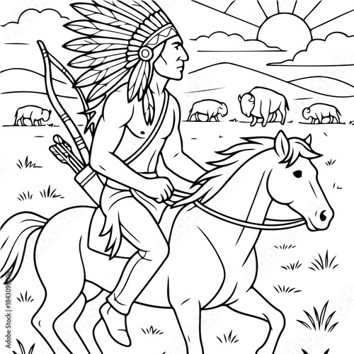Native American Warrior on Horseback: A Native American warrior, adorned in a headdress and riding a horse, surveys the vast landscape with a bow and arrow in hand.