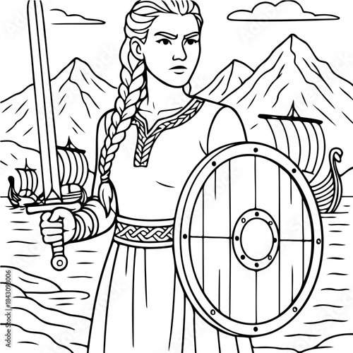 Valkyrie in Ancient: A formidable Valkyrie, sword in hand, stands as a symbol of strength and valor, against the backdrop of the sea and ships.