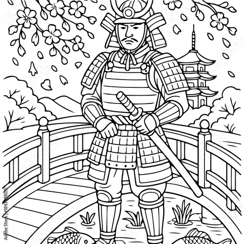 Samurai Warrior in Traditional Armor: A formidable samurai stands steadfast, clad in intricate traditional armor, a symbol of honor and valor.