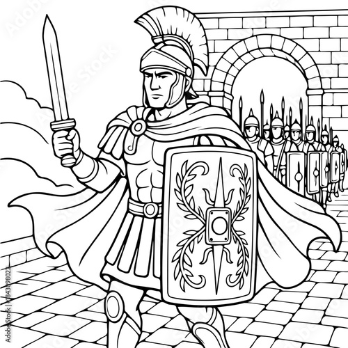 Ancient Roman Legionary: A stoic Roman legionary, armored and armed with a sword and shield, leads his cohort through an arched gateway, a symbol of military might and historical valor.