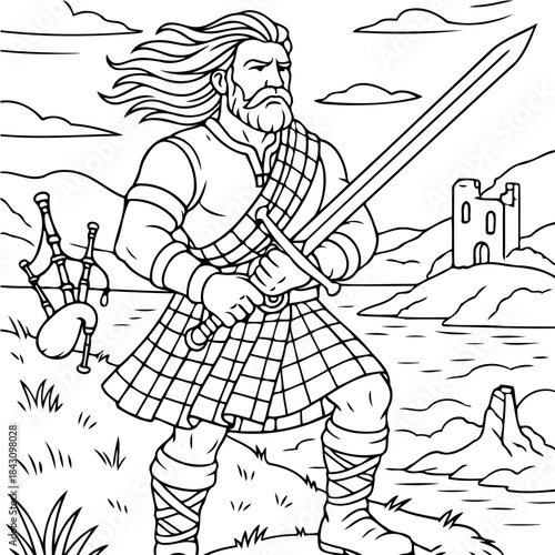 Highland Warrior: A valiant warrior stands tall, brandishing a long, gleaming sword, embodies strength, tradition, and Scottish pride, ready to defend his heritage.