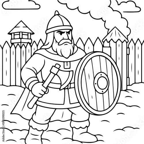 Viking Warrior: A bold Viking warrior, armored and armed, stands ready, guarding the fortress in a fierce stance. 