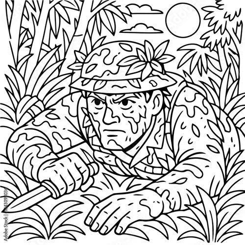 Soldier's Covert Stance: A determined soldier, clad in camouflage, navigates a dense jungle, clutching a combat knife with focused intensity.