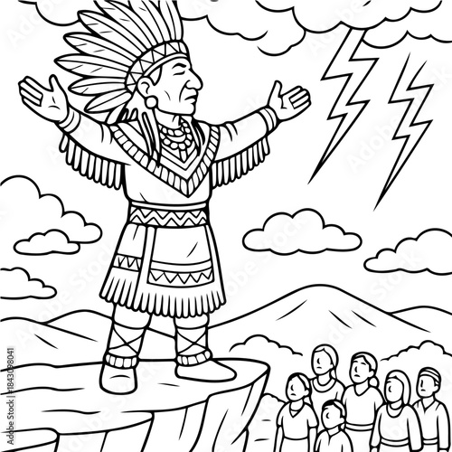 Native American Spiritual Ceremony: A drawing illustrating a spiritual ceremony with a Native American figure in traditional attire, standing with arms outstretched as lightning illuminates the sky.