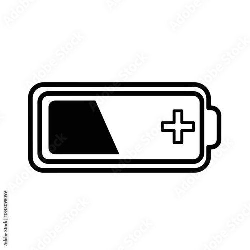 Simple Black and White Battery Icon Showing Low Power and Plus Sign.