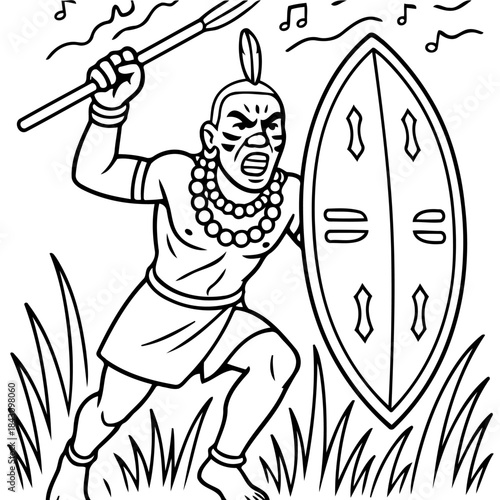 Tribal Warrior's Fury: A dynamic illustration depicts a fierce warrior, brandishing a spear and shield, embodying the strength and spirit of his tribe. 