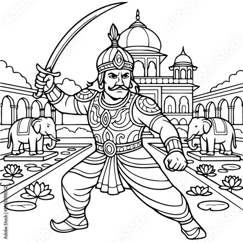 Warrior's Resolve: An illustrated warrior stands firm, sword raised against the backdrop of an ornate palace. A symbol of strength and valor.