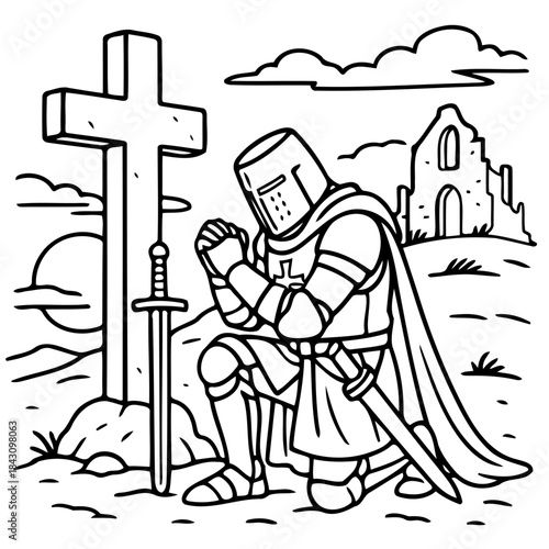 Medieval Knight's Prayer: A stoic knight kneels in reverence beside a towering cross, his hands clasped in prayer, the remnants of a church stand silently witness to his solemn devotion.