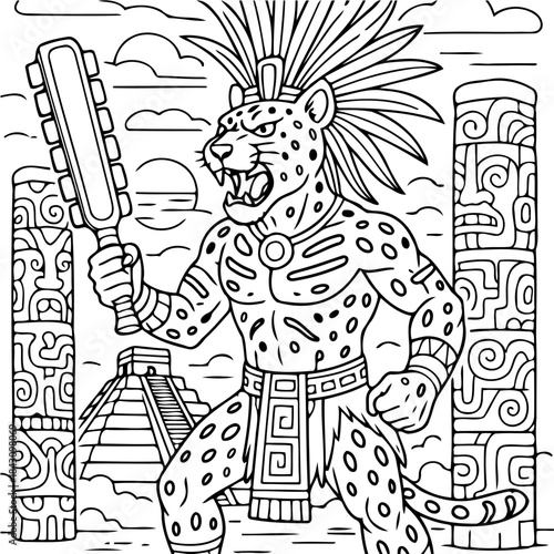 Mesoamerican Jaguar Warrior: A powerful jaguar warrior, adorned in ceremonial attire and holding a formidable weapon, stands before ancient structures, embodying strength and cultural heritage.