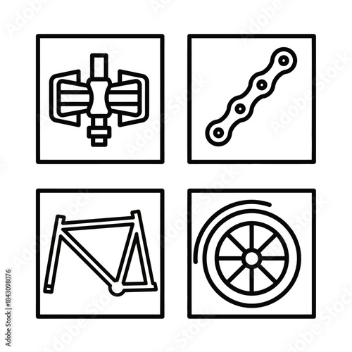 Simple Black and White Bicycle Parts Icons - Pedal, Chain, Frame, Wheel.