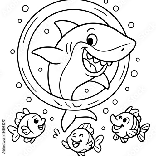 Playful Shark and Friends: A cheerful shark surrounded by friendly fish, all set within a whimsical bubbly frame, exuding a sense of joy and playful companionship.