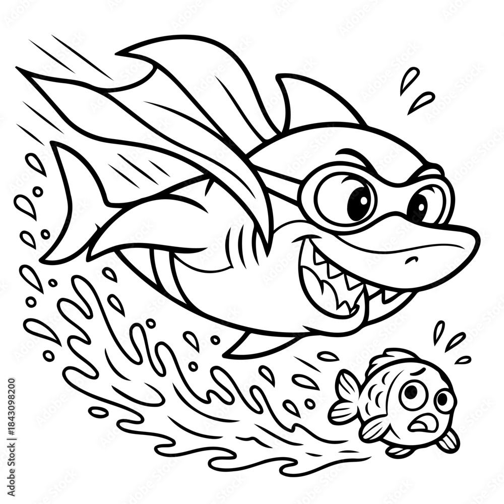 Obraz premium Superhero Shark Pursuing Fish: In a dynamic, illustrative scene, a superhero shark soars through the water, pursuing a scared fish, representing themes of pursuit and bravery. 