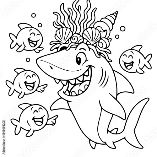 Cheerful Shark's Party: A whimsical illustration of a jovial shark surrounded by giggling fish, all adorned with whimsical decorations, creating a joyful underwater scene.