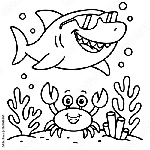 Smiling Shark and Cheerful Crab: A charming illustration depicts a jovial shark wearing sunglasses and a cheerful crab beneath the water's surface, surrounded by playful bubbles and aquatic plants.