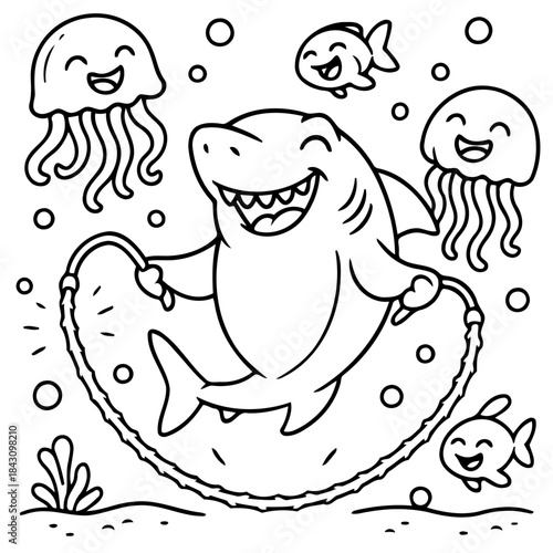 Playful Sea Friends: A cheerful shark leaps into action, skipping rope alongside friendly jellyfish and fish. Capturing the aquatic adventure and joyous celebration of life.